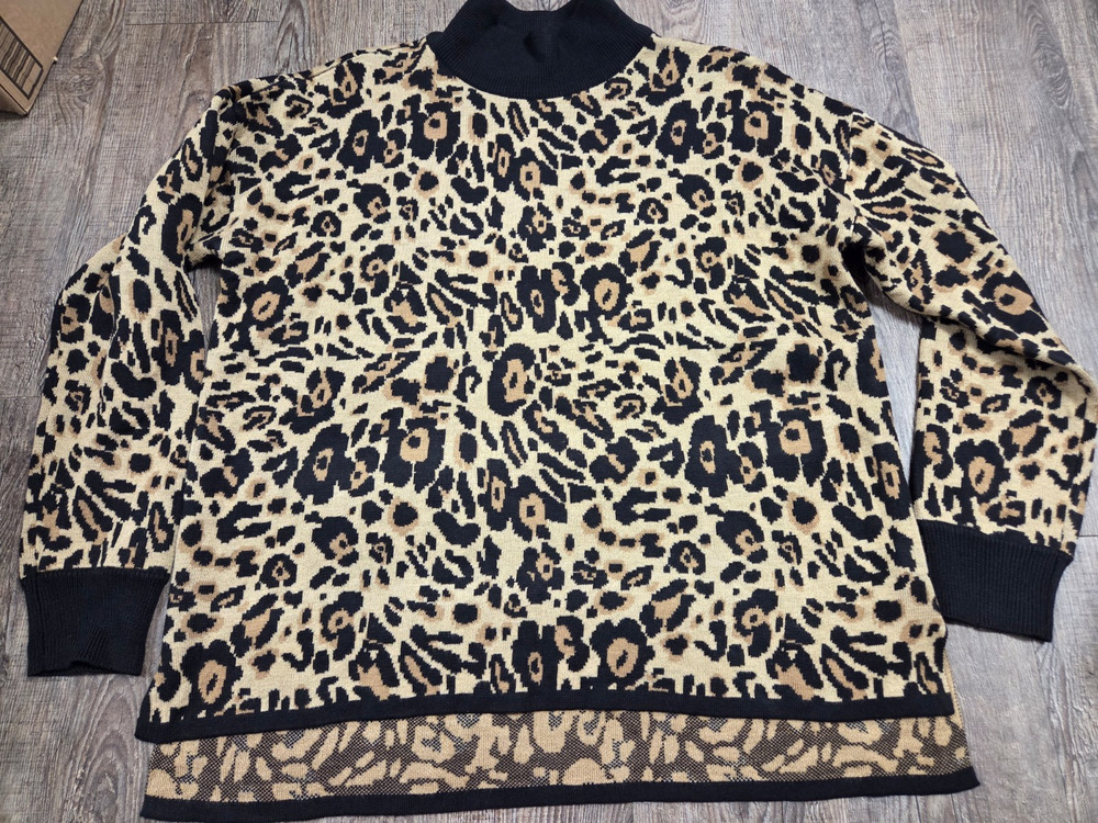 Calvin Klein Mock Neck Leopard Print Classic Sweater Black Tan Pullover Large